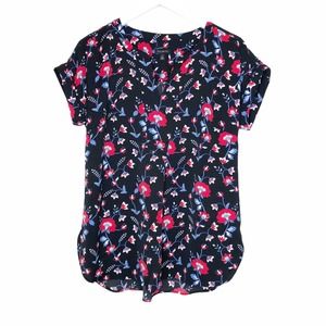 Talbots Black Floral Cap Sleeve Split Neck Top